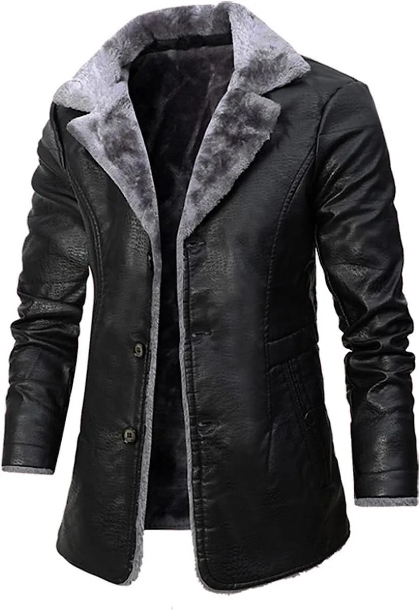 Men’s Black Genuine Sheepskin Faux Fur Turn-Down Collar Outfit Single-Breasted Trench Coat Leather Jacket