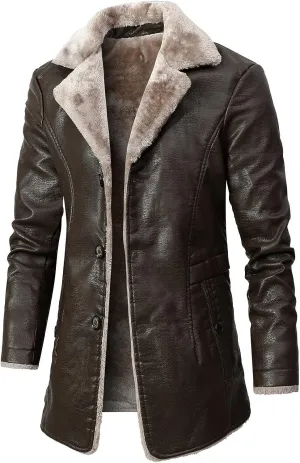 Men’s Black Genuine Sheepskin Faux Fur Turn-Down Collar Outfit Single-Breasted Trench Coat Leather Jacket
