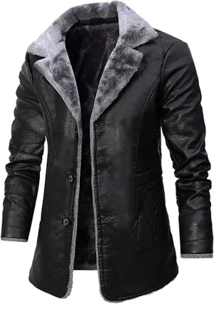 Men’s Black Genuine Sheepskin Faux Fur Turn-Down Collar Outfit Single-Breasted Trench Coat Leather Jacket