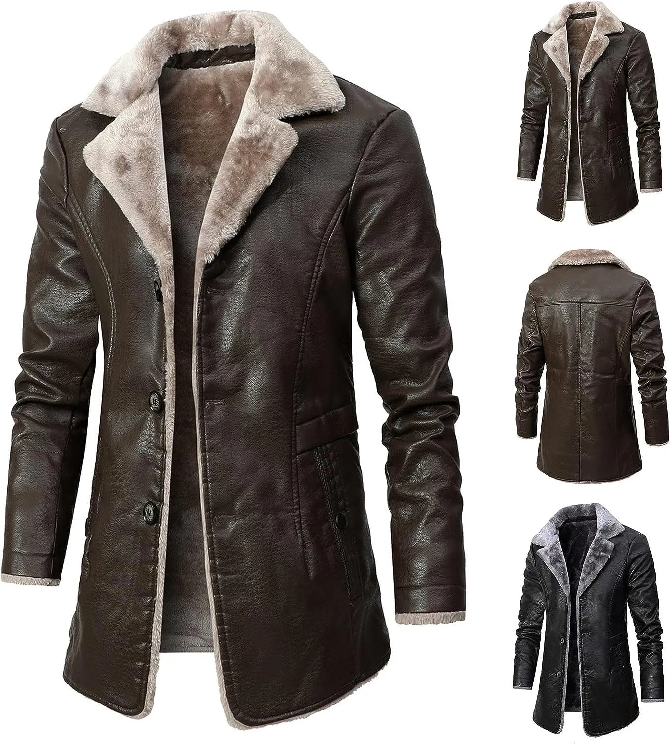 Men’s Black Genuine Sheepskin Faux Fur Turn-Down Collar Outfit Single-Breasted Trench Coat Leather Jacket