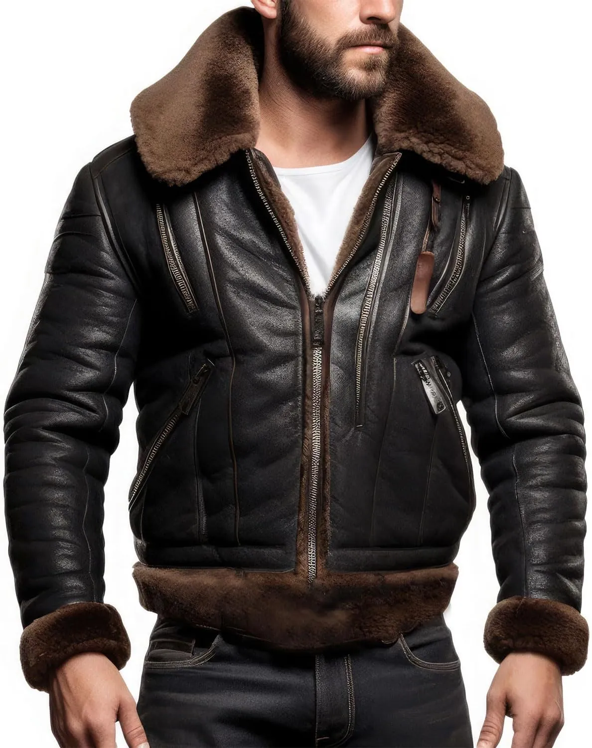 Men’s Black Genuine Sheepskin Sherpa Shearling Faux Fur Lined B3 Aviator Pilot Warm Thick Bomber Leather Jacket