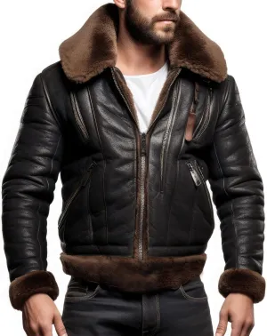 Men’s Black Genuine Sheepskin Sherpa Shearling Faux Fur Lined B3 Aviator Pilot Warm Thick Bomber Leather Jacket