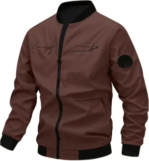 Mens Casual Coat Jacket, Long Sleeve Embroidered Bomber Jacket with Zipper, Anorak Windbreaker with Pockets