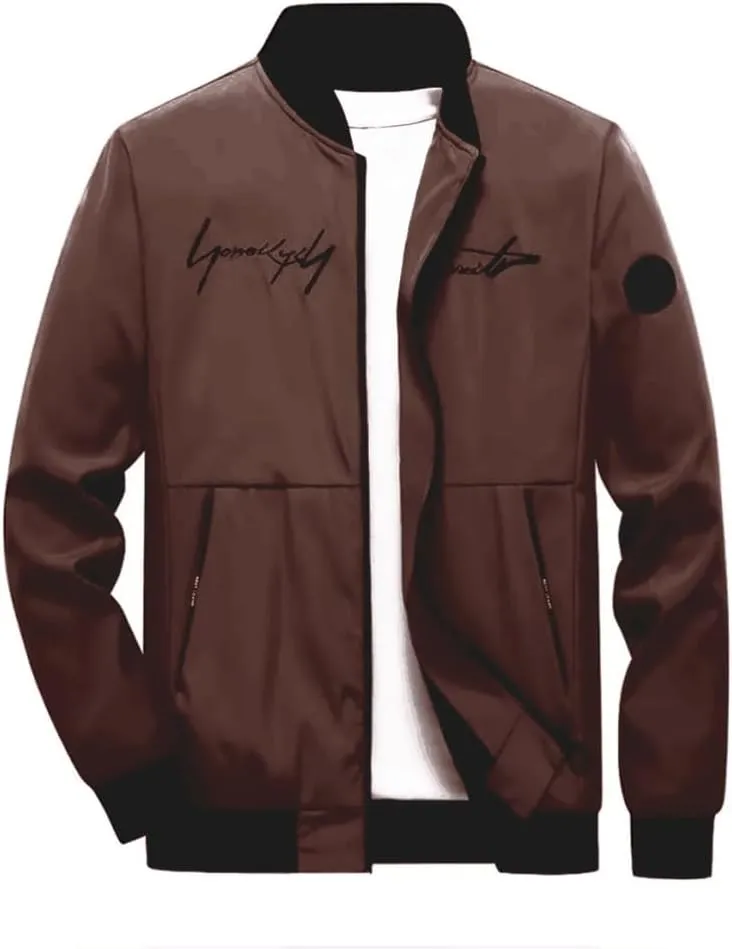 Mens Casual Coat Jacket, Long Sleeve Embroidered Bomber Jacket with Zipper, Anorak Windbreaker with Pockets