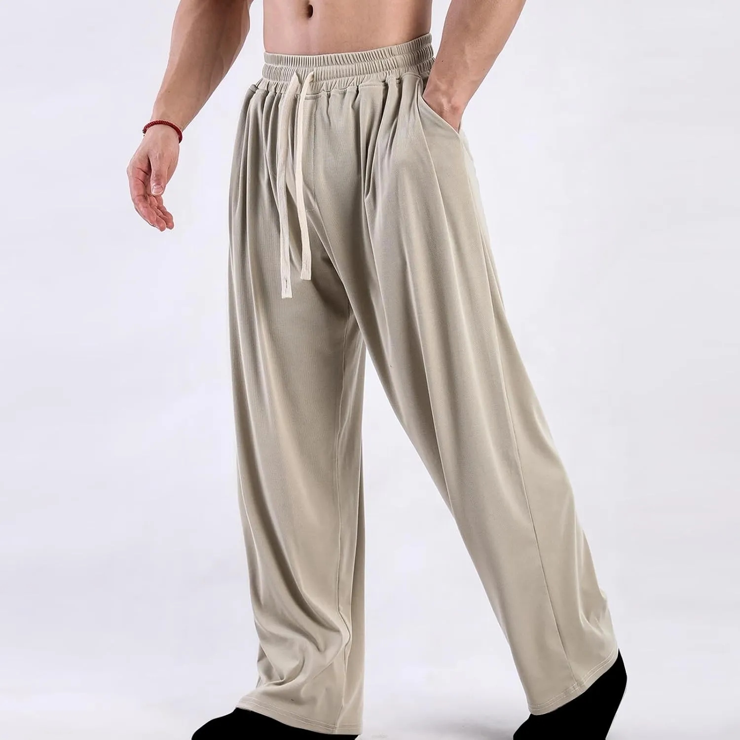 Mens Casual Stretch Pants Jogger Fashion Pants Comfort Wide Leg Pants Active Elastic Waist Pants Loose Basic Pants