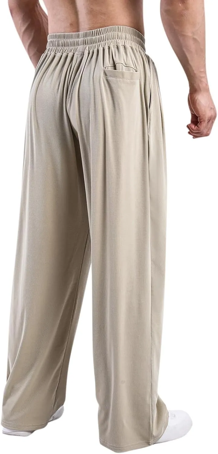 Mens Casual Stretch Pants Jogger Fashion Pants Comfort Wide Leg Pants Active Elastic Waist Pants Loose Basic Pants