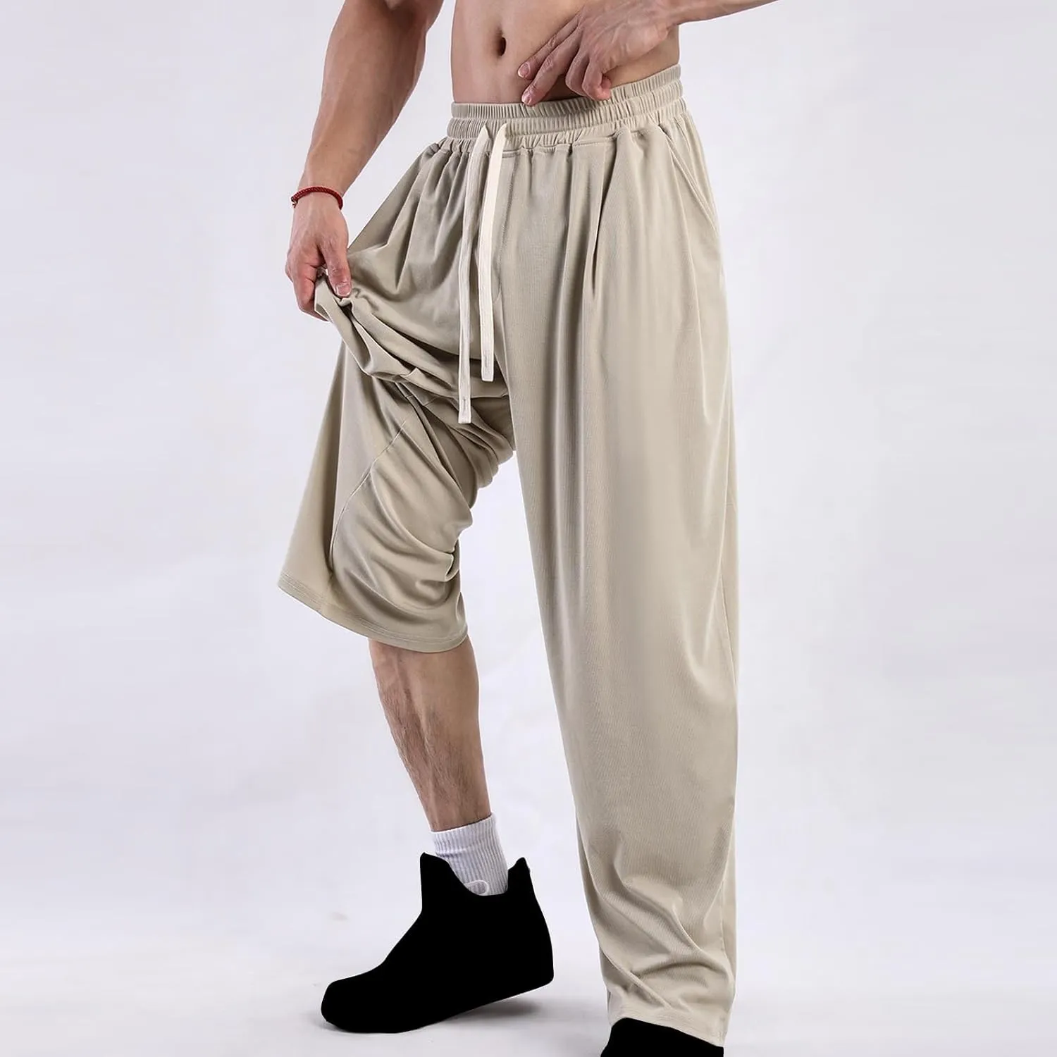 Mens Casual Stretch Pants Jogger Fashion Pants Comfort Wide Leg Pants Active Elastic Waist Pants Loose Basic Pants