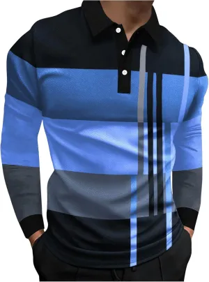 Men's Color Block Striped Print Long Sleeve Shirt Tops Button Down Collared Shirt Golf Casual Shirts Tops