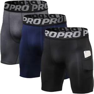Mens Compression Running Shorts with Phone Pocket Athletic Gym Yoga Shorts Cool Dry Workout Underwear 3 Pack
