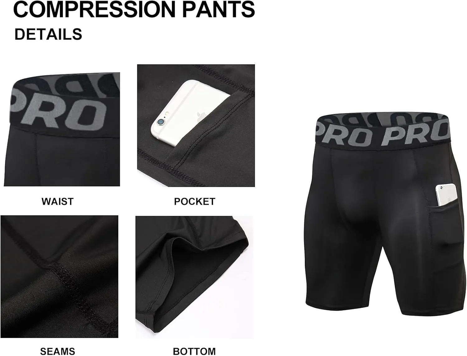 Mens Compression Running Shorts with Phone Pocket Athletic Gym Yoga Shorts Cool Dry Workout Underwear 3 Pack