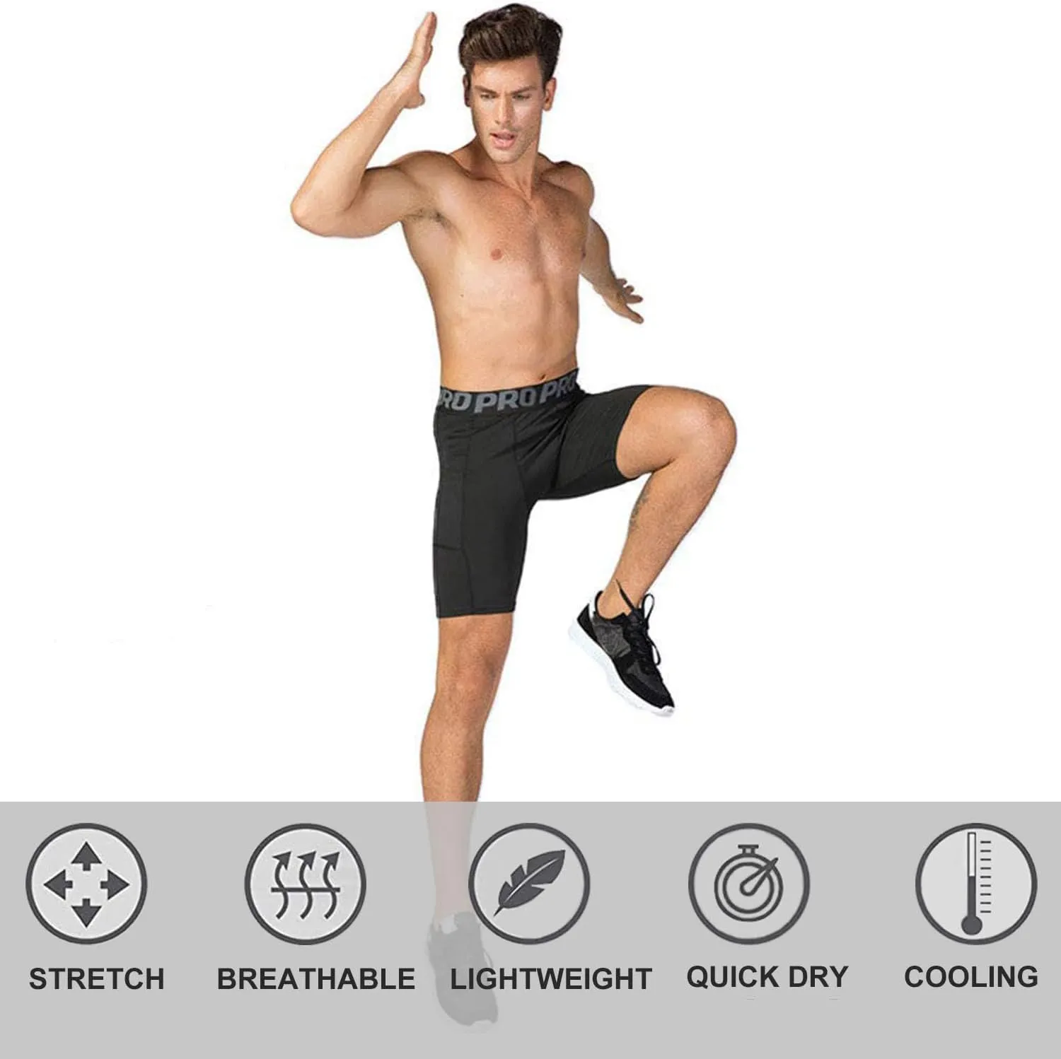 Mens Compression Running Shorts with Phone Pocket Athletic Gym Yoga Shorts Cool Dry Workout Underwear 3 Pack