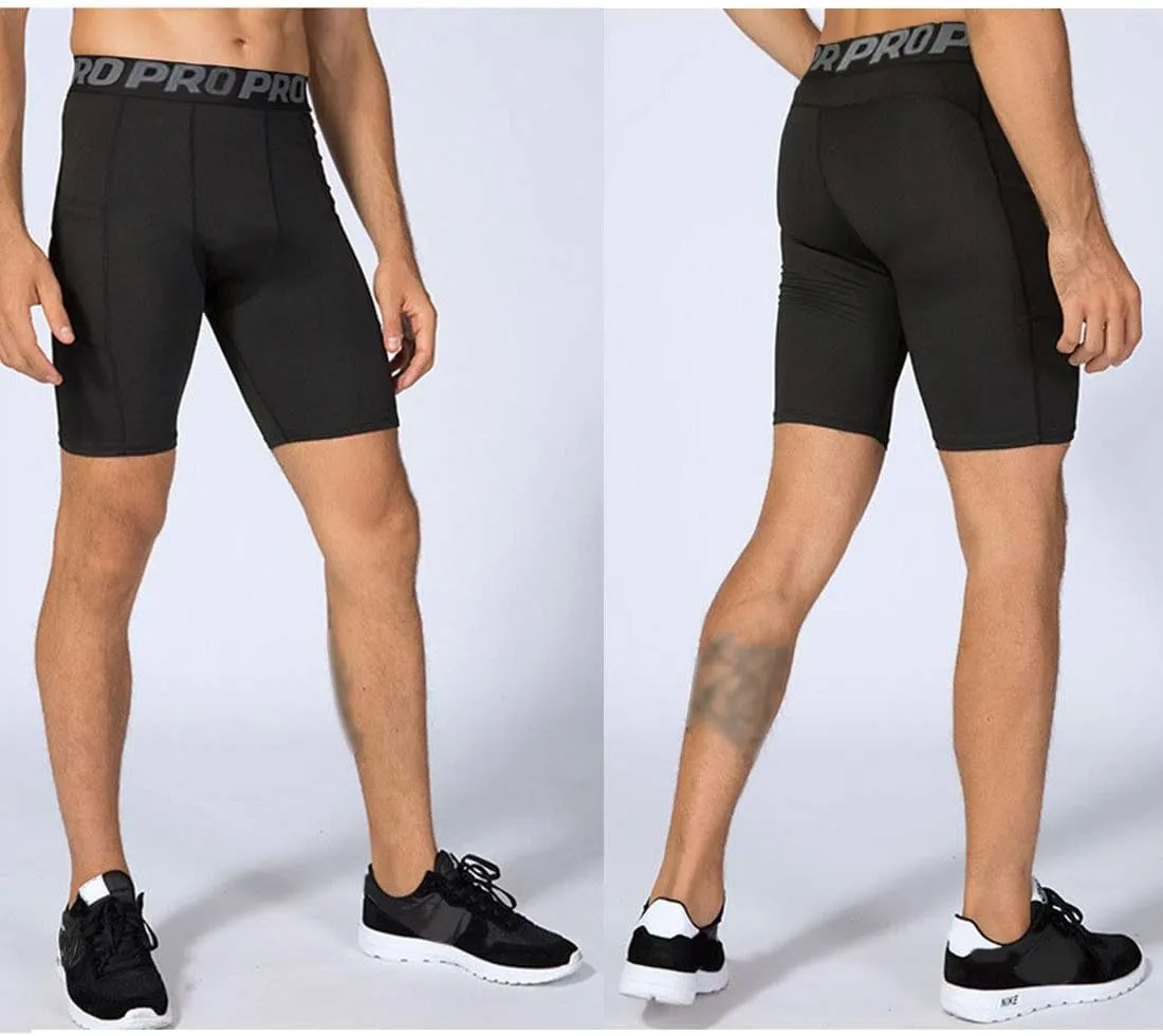 Mens Compression Running Shorts with Phone Pocket Athletic Gym Yoga Shorts Cool Dry Workout Underwear 3 Pack