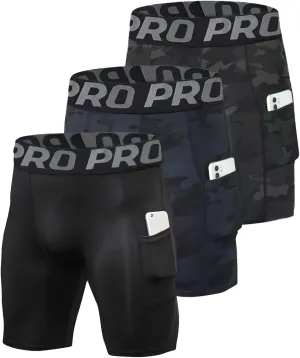 Mens Compression Running Shorts with Phone Pocket Athletic Gym Yoga Shorts Cool Dry Workout Underwear 3 Pack