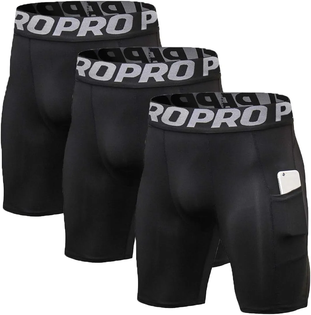Mens Compression Running Shorts with Phone Pocket Athletic Gym Yoga Shorts Cool Dry Workout Underwear 3 Pack