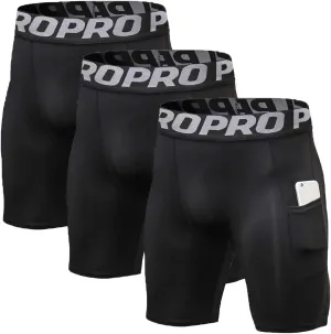 Mens Compression Running Shorts with Phone Pocket Athletic Gym Yoga Shorts Cool Dry Workout Underwear 3 Pack