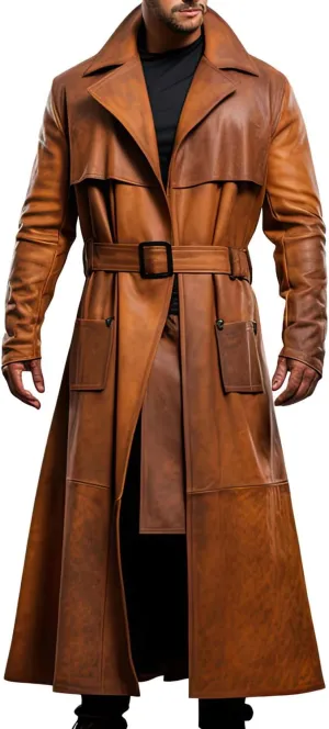 Men’s Distressed Peanut Brown Genuine Sheepskin Long Slim Fit Vintage Classic Duster Leather Coat