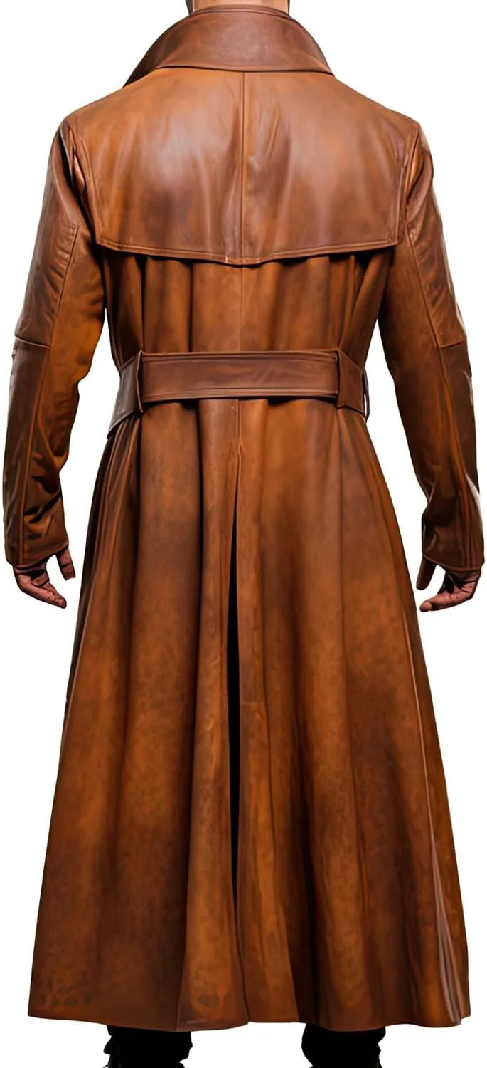 Men’s Distressed Peanut Brown Genuine Sheepskin Long Slim Fit Vintage Classic Duster Leather Coat