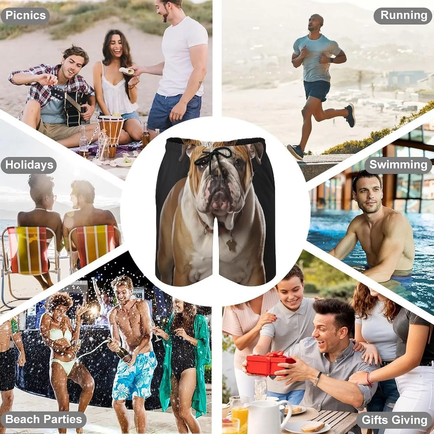 Men's English Bulldog Swim Trunks Quick-Dry Beach Shorts with Drawstring Casual Pants for Swimming Running