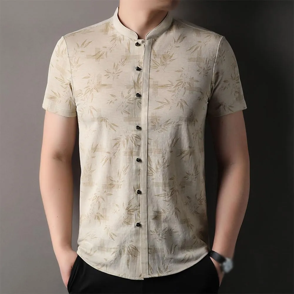 Men's Fashion Seamless Short Sleeve Summer Shirt Flowers Printing Anti-Wrinkle Smooth Dress Shirts for Men