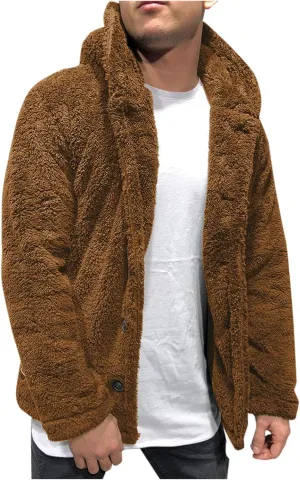 Mens Fuzzy Sherpa Cardigan Warm Thick Jacket with Fleece Hooded Open Front Fluffy Button Down Coat