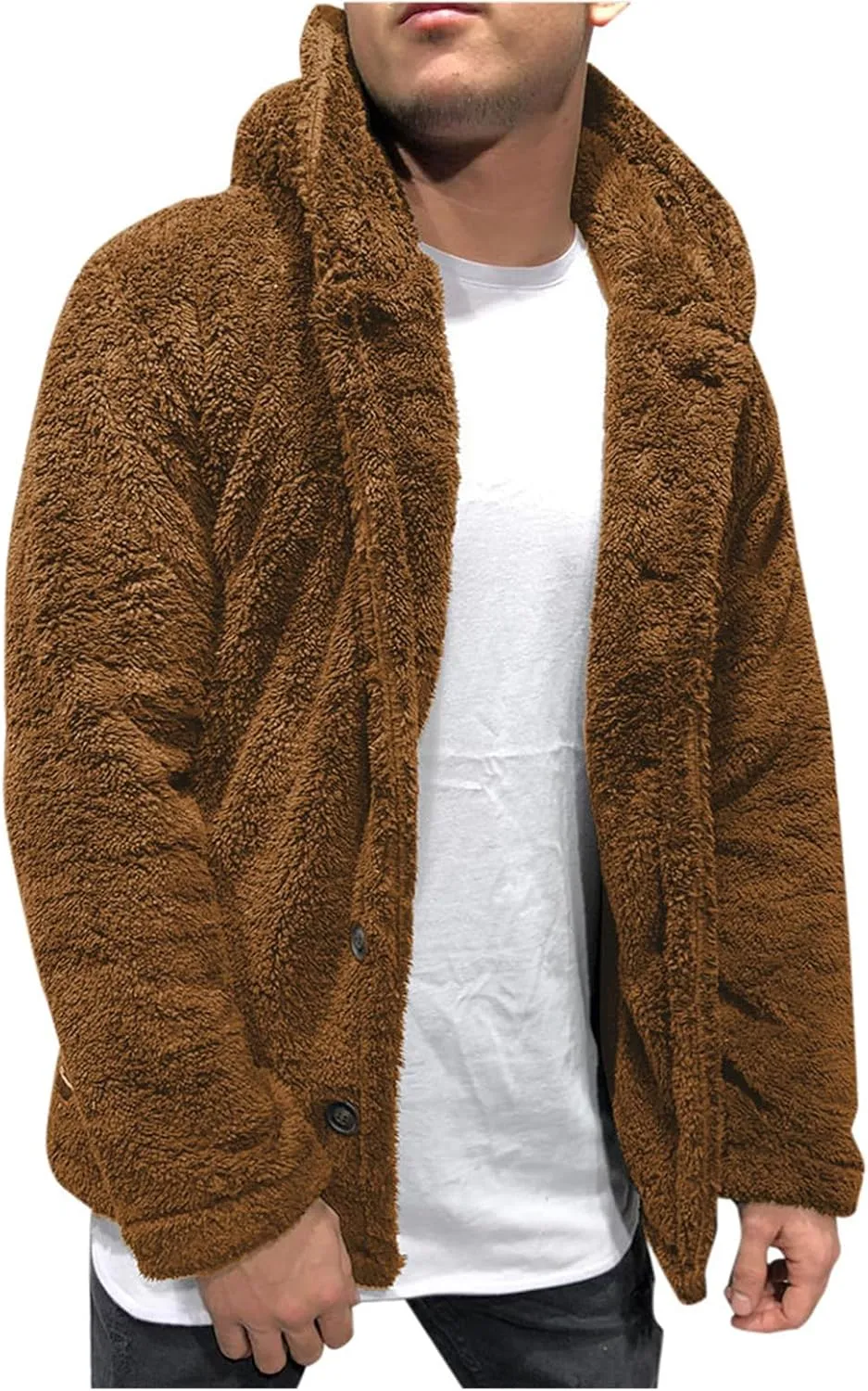 Mens Fuzzy Sherpa Cardigan Warm Thick Jacket with Fleece Hooded Open Front Fluffy Button Down Coat