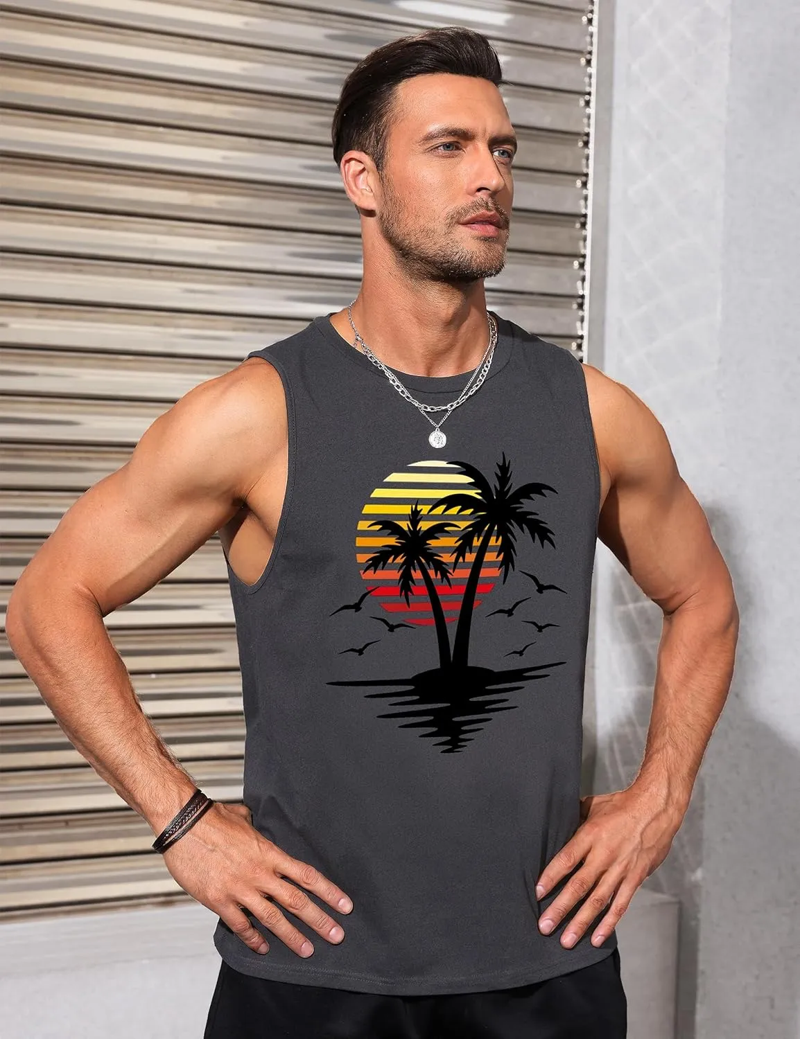 Mens Graphic Tank Tops Sleeveless Muscle Shirts Beach Hawaiian Coconut Tree Patriotic Tank Tops