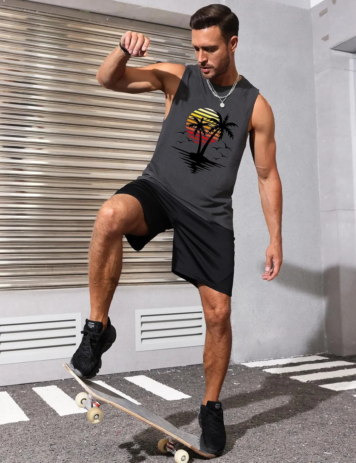 Mens Graphic Tank Tops Sleeveless Muscle Shirts Beach Hawaiian Coconut Tree Patriotic Tank Tops