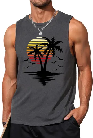 Mens Graphic Tank Tops Sleeveless Muscle Shirts Beach Hawaiian Coconut Tree Patriotic Tank Tops