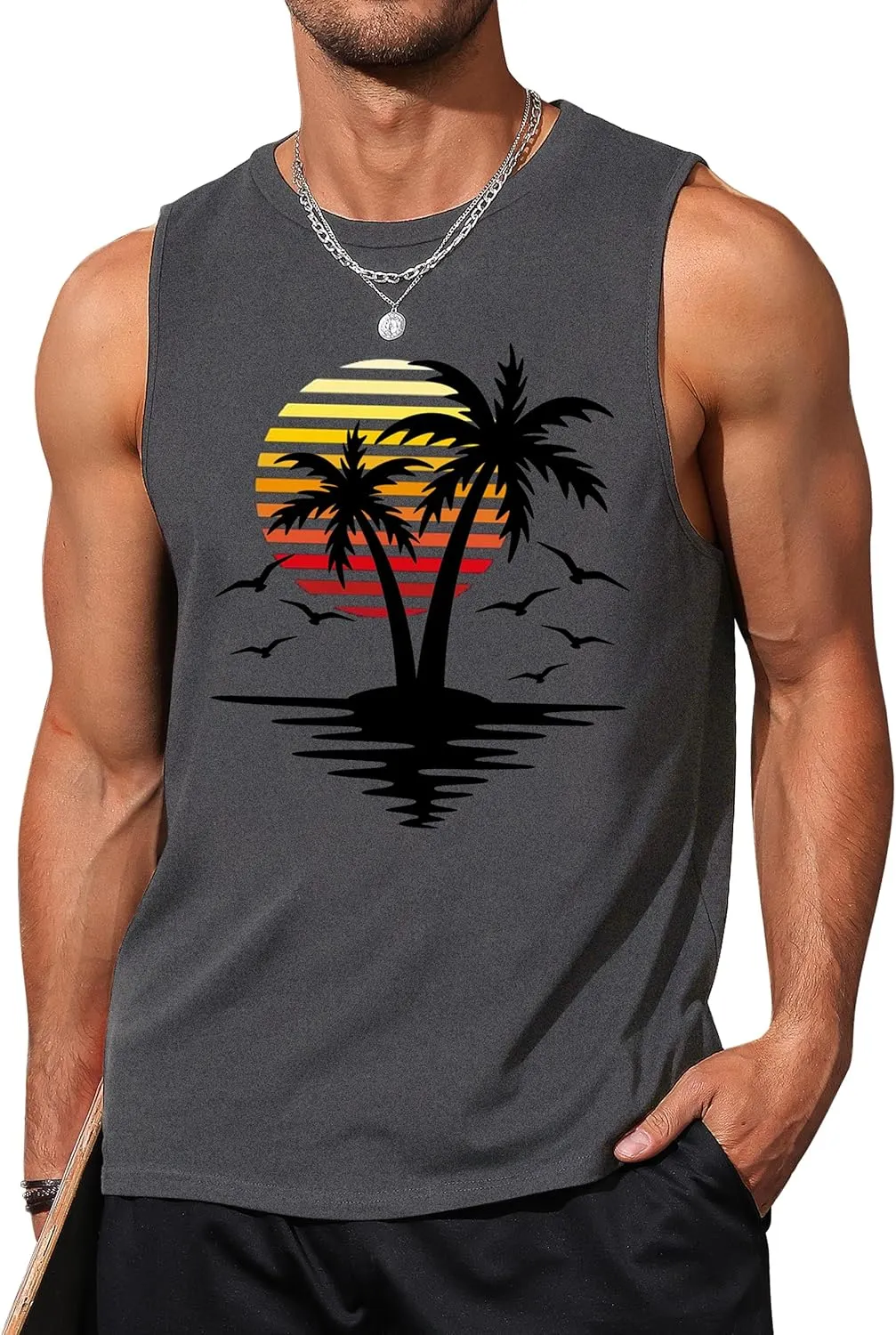 Mens Graphic Tank Tops Sleeveless Muscle Shirts Beach Hawaiian Coconut Tree Patriotic Tank Tops