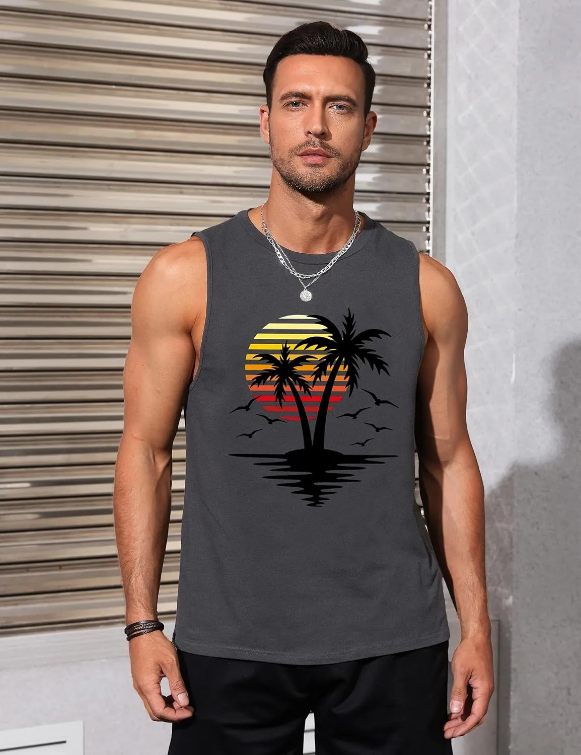 Mens Graphic Tank Tops Sleeveless Muscle Shirts Beach Hawaiian Coconut Tree Patriotic Tank Tops