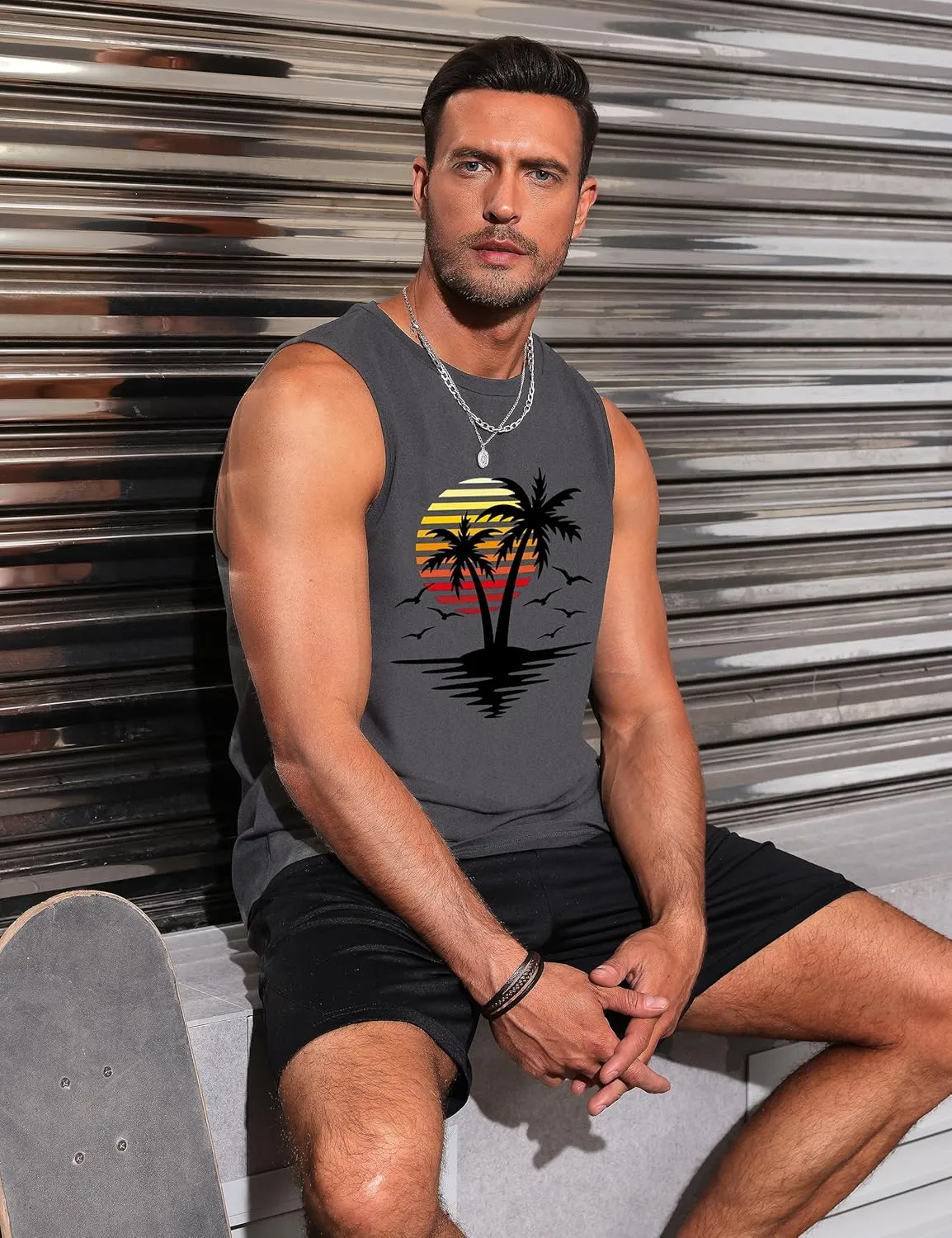 Mens Graphic Tank Tops Sleeveless Muscle Shirts Beach Hawaiian Coconut Tree Patriotic Tank Tops