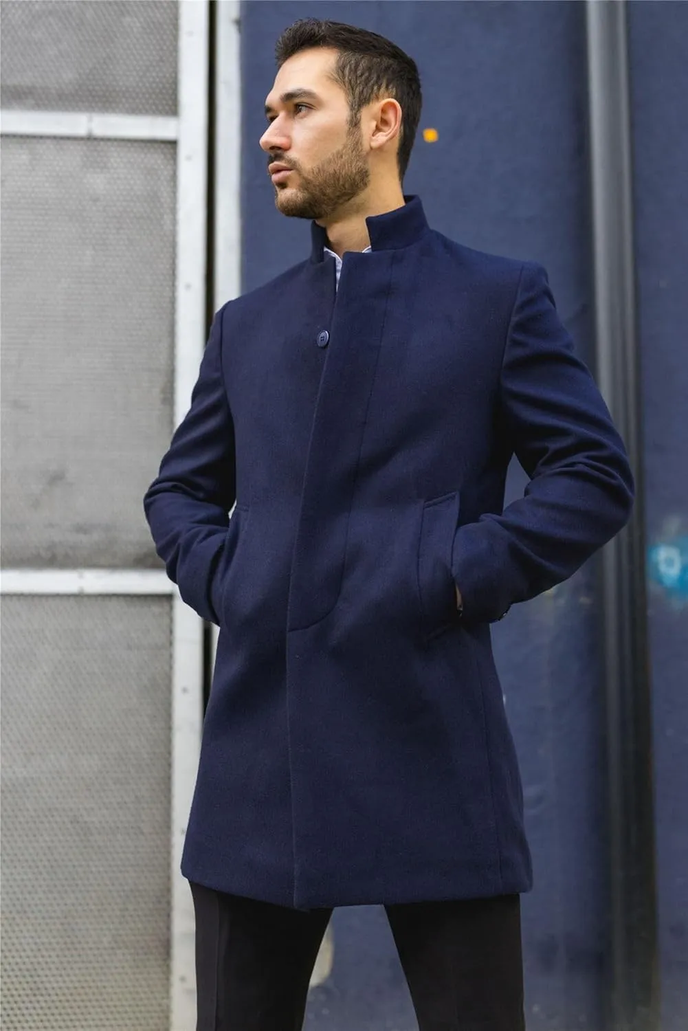Men's Overcoat Stand Collar Wool Blend Classic Trench Coat Winter Jacket