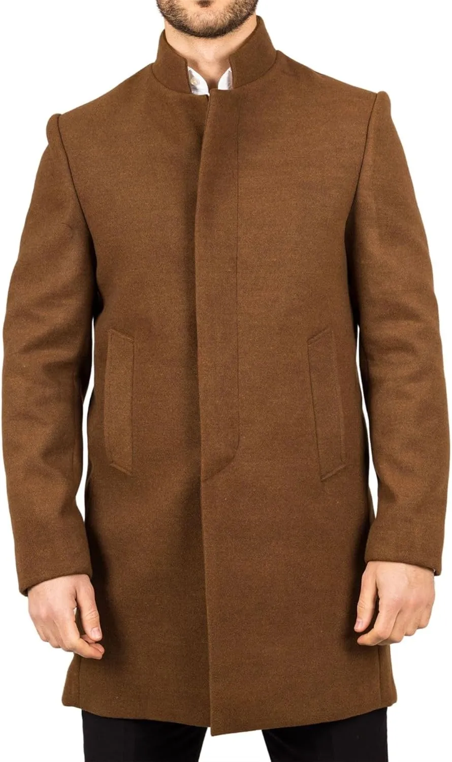 Men's Overcoat Stand Collar Wool Blend Classic Trench Coat Winter Jacket