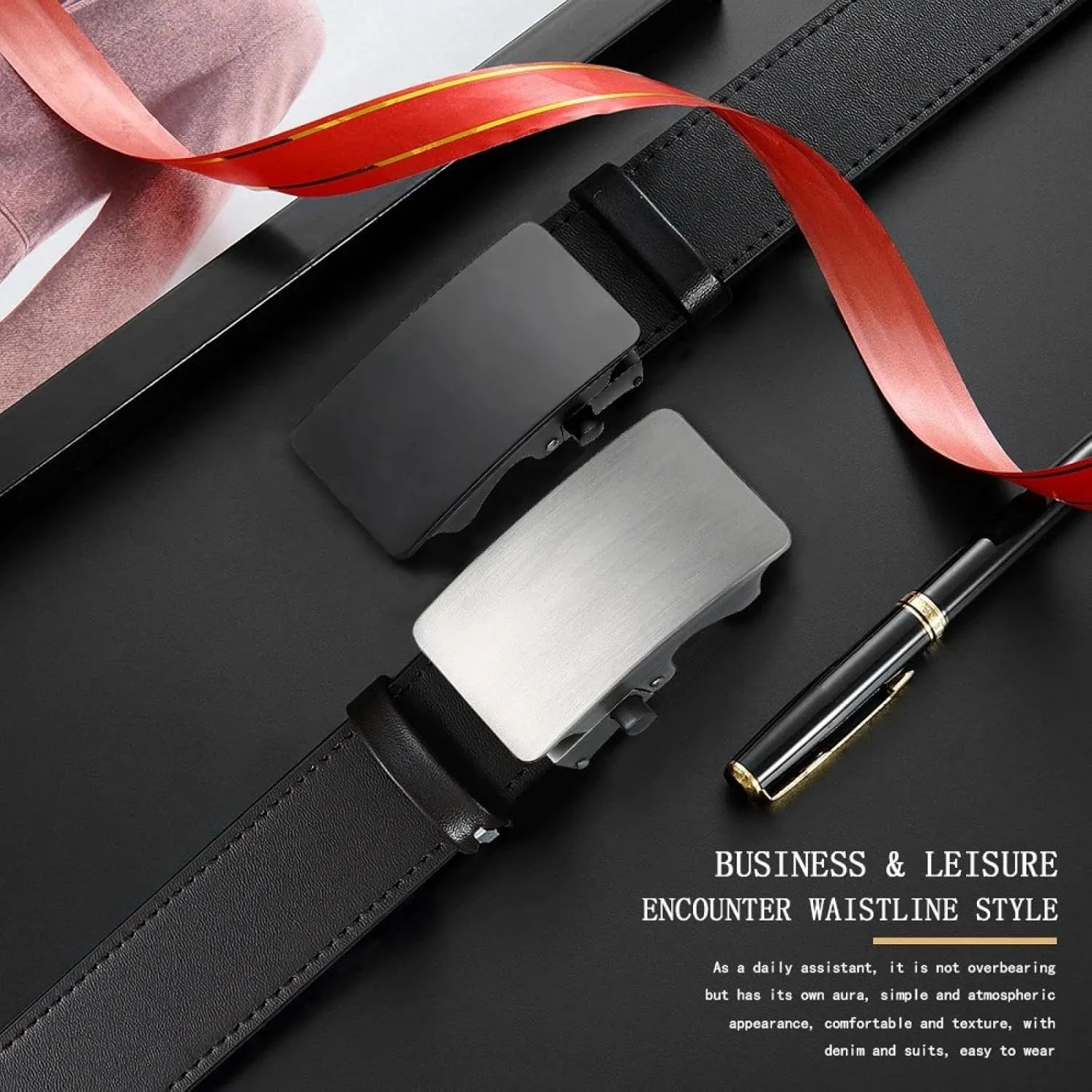Men's Premium Leather Smooth Ratchet Business Belt Men's Dress and Casual Daily Adjustable Buckle