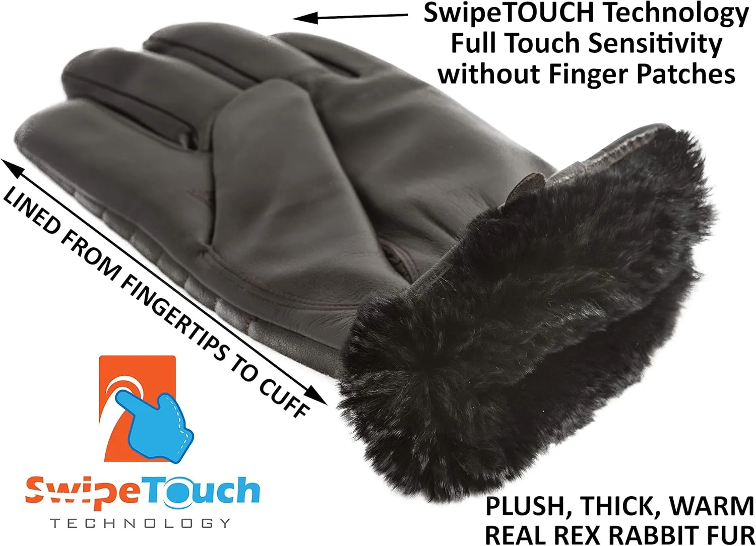 Men's Rabbit Fur Lined Leather Gloves, Touchscreen, Leather Gloves for Men, Gift Box