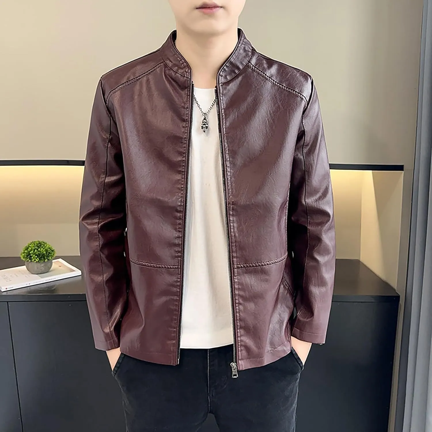 Men's Smooth Leather Moto Jacket Mens Faux Leather Jacket Motorcycle Biker Bomber Coat Stand Collar Slimming Outwear