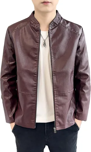 Men's Smooth Leather Moto Jacket Mens Faux Leather Jacket Motorcycle Biker Bomber Coat Stand Collar Slimming Outwear