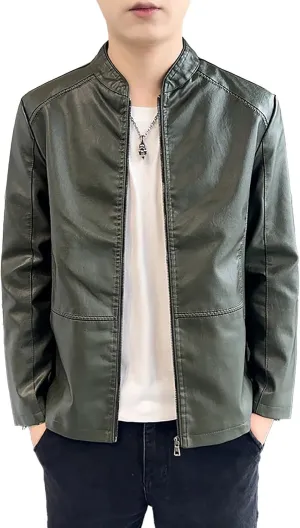Men's Smooth Leather Moto Jacket Mens Faux Leather Jacket Motorcycle Biker Bomber Coat Stand Collar Slimming Outwear