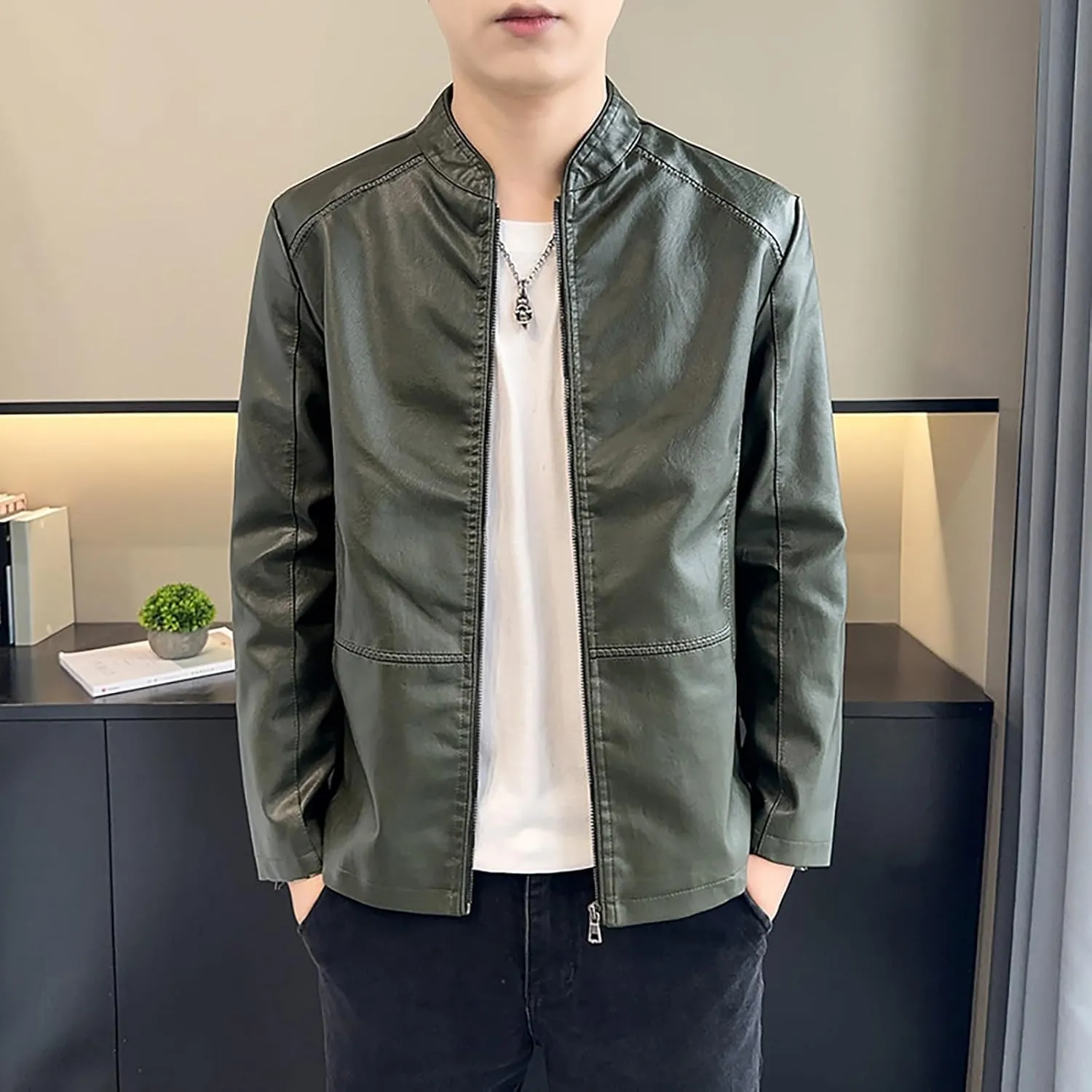 Men's Smooth Leather Moto Jacket Mens Faux Leather Jacket Motorcycle Biker Bomber Coat Stand Collar Slimming Outwear