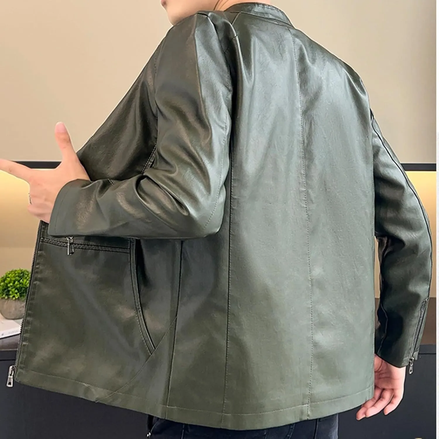 Men's Smooth Leather Moto Jacket Mens Faux Leather Jacket Motorcycle Biker Bomber Coat Stand Collar Slimming Outwear