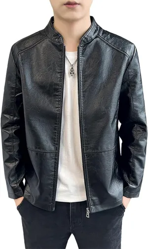 Men's Smooth Leather Moto Jacket Mens Faux Leather Jacket Motorcycle Biker Bomber Coat Stand Collar Slimming Outwear