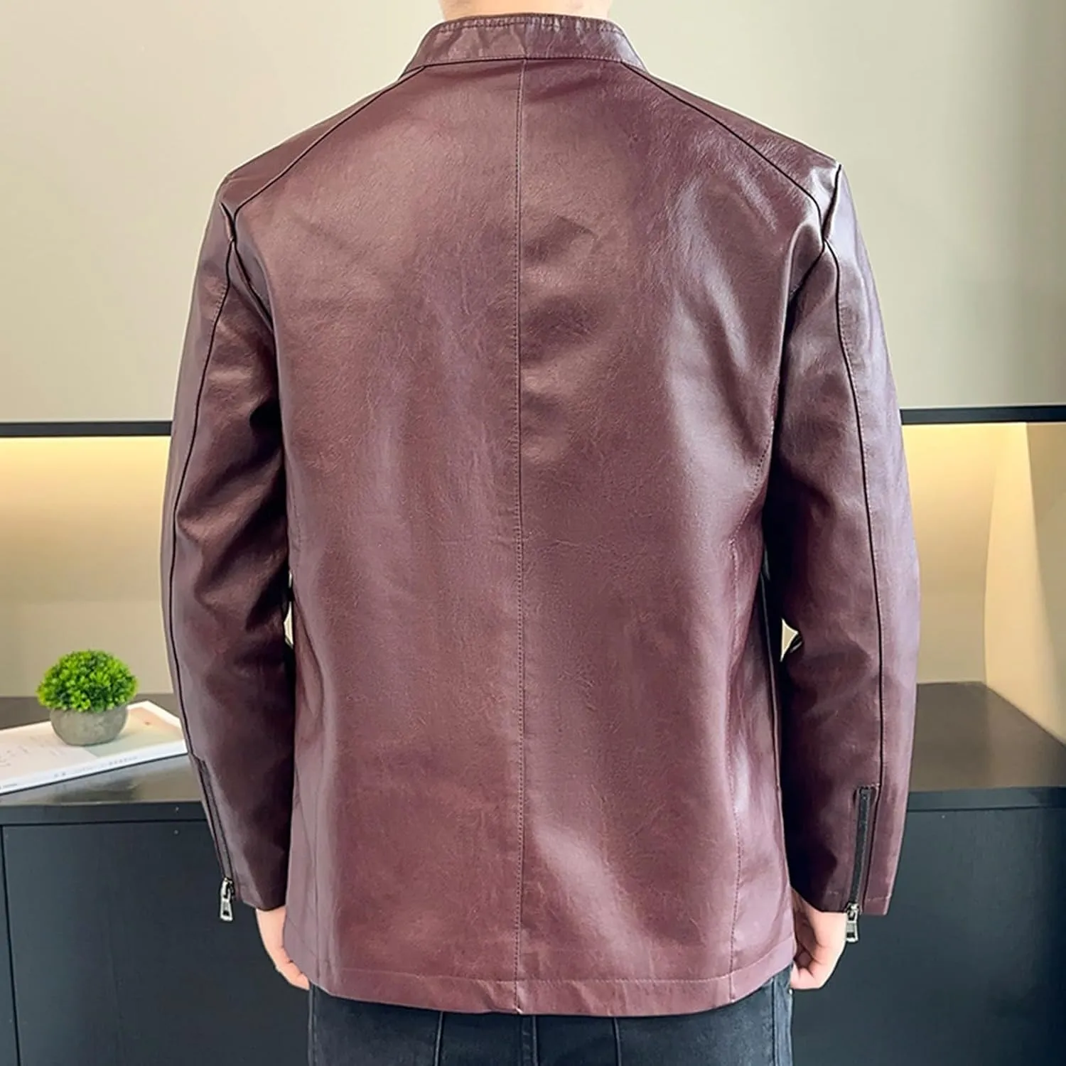 Men's Smooth Leather Moto Jacket Mens Faux Leather Jacket Motorcycle Biker Bomber Coat Stand Collar Slimming Outwear