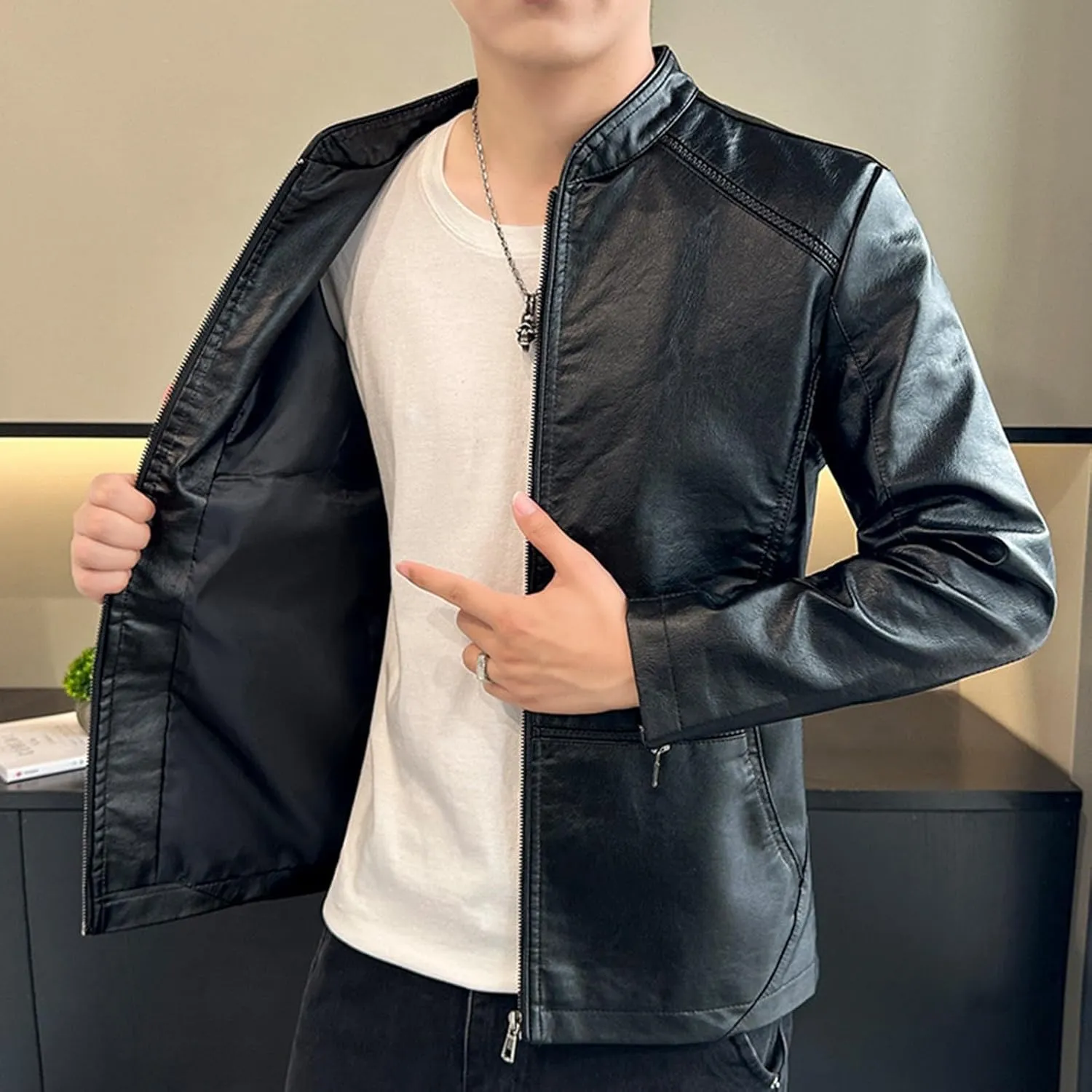 Men's Smooth Leather Moto Jacket Mens Faux Leather Jacket Motorcycle Biker Bomber Coat Stand Collar Slimming Outwear