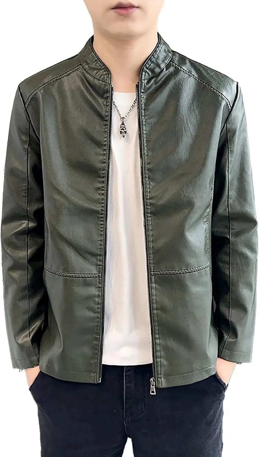 Men's Smooth Leather Moto Jacket Mens Faux Leather Jacket Motorcycle Biker Bomber Coat Stand Collar Slimming Outwear
