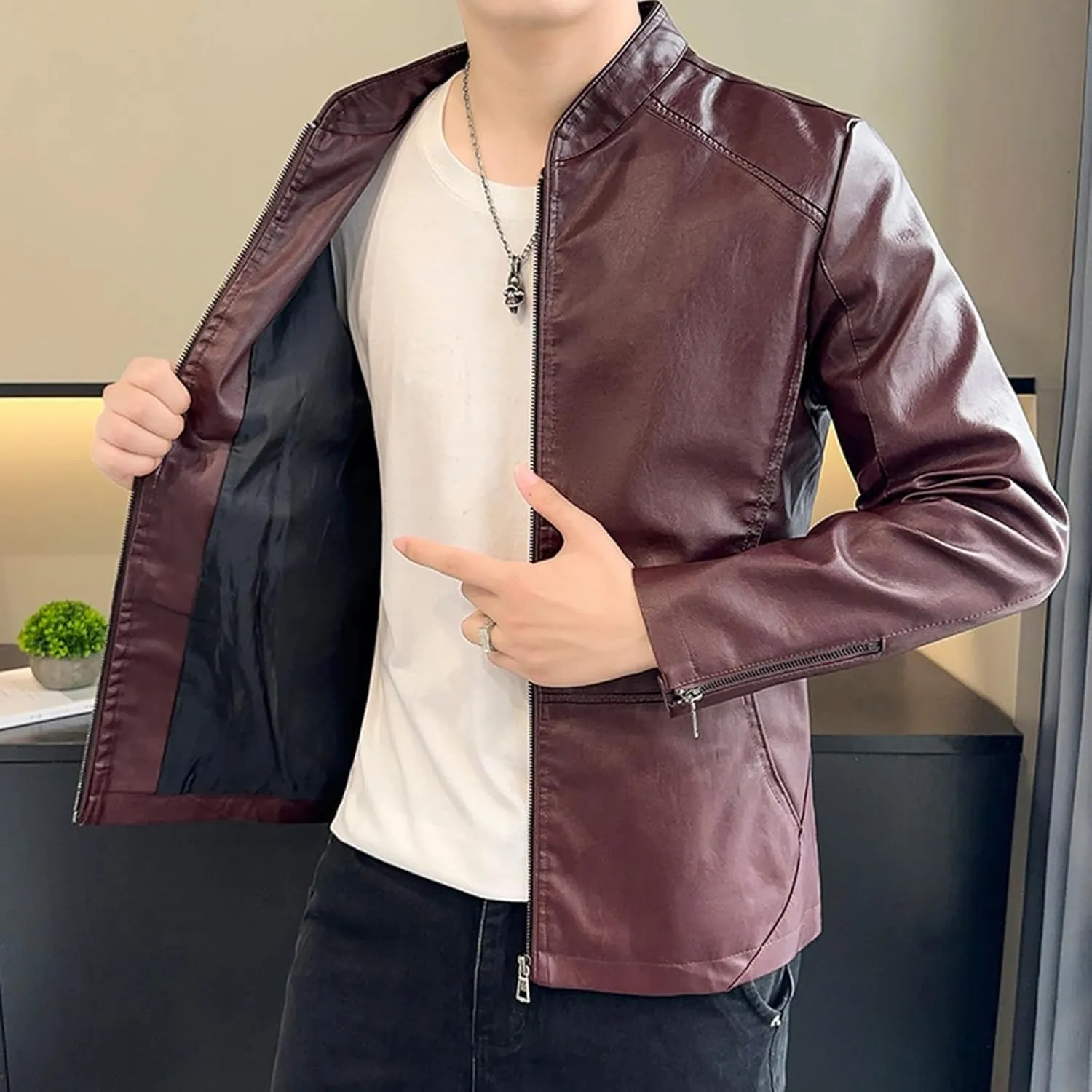 Men's Smooth Leather Moto Jacket Mens Faux Leather Jacket Motorcycle Biker Bomber Coat Stand Collar Slimming Outwear