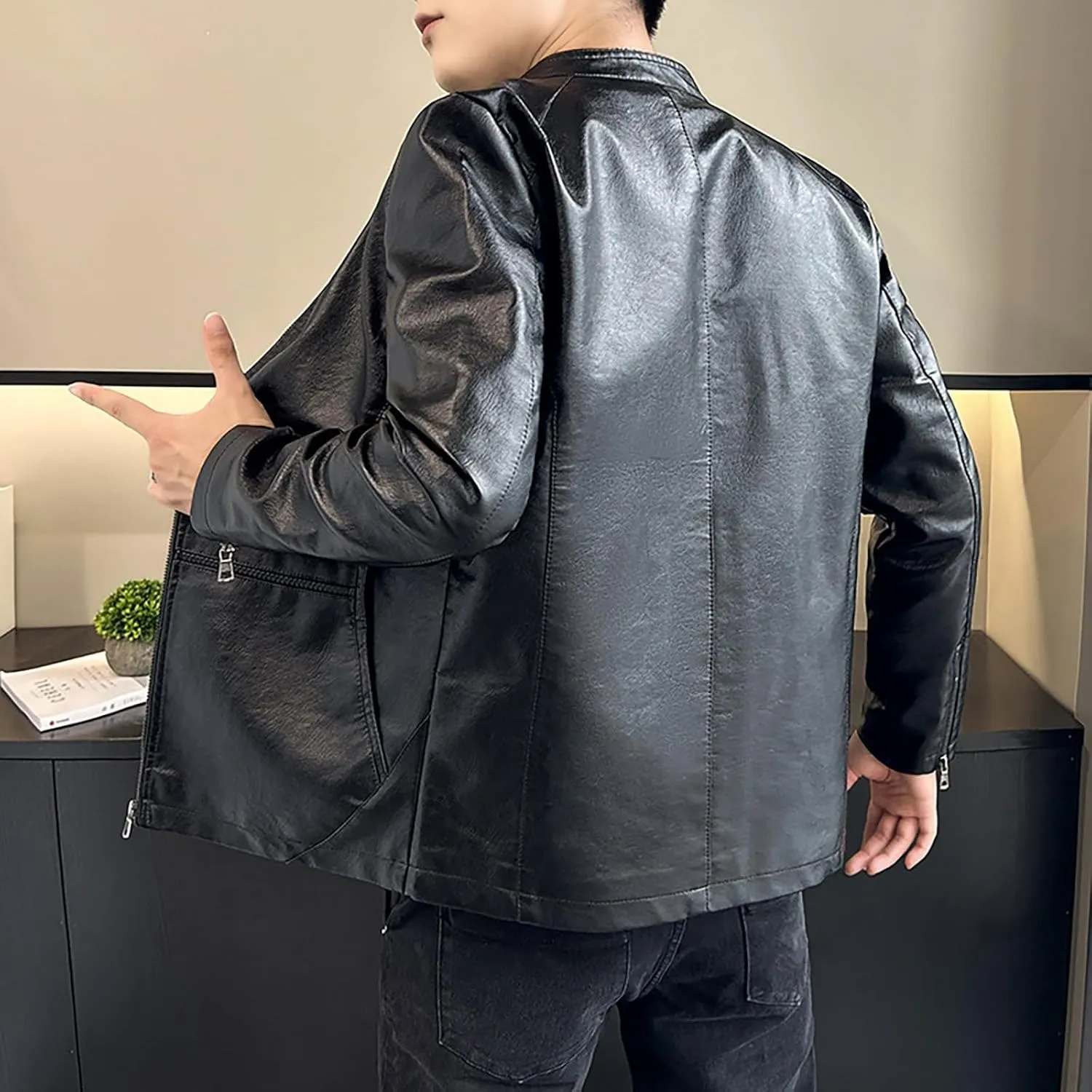 Men's Smooth Leather Moto Jacket Mens Faux Leather Jacket Motorcycle Biker Bomber Coat Stand Collar Slimming Outwear