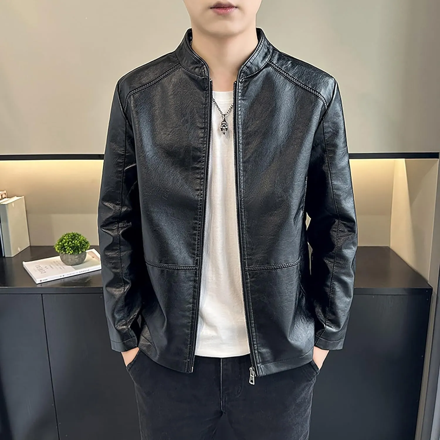 Men's Smooth Leather Moto Jacket Mens Faux Leather Jacket Motorcycle Biker Bomber Coat Stand Collar Slimming Outwear