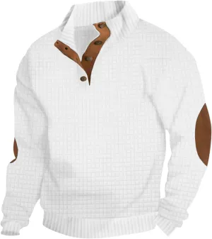 Men's Waffle Knitted Pullover Tops Patchwork Long Sleeve Sweatshirts Button V Neck Stand-Up Collar Loose Tops