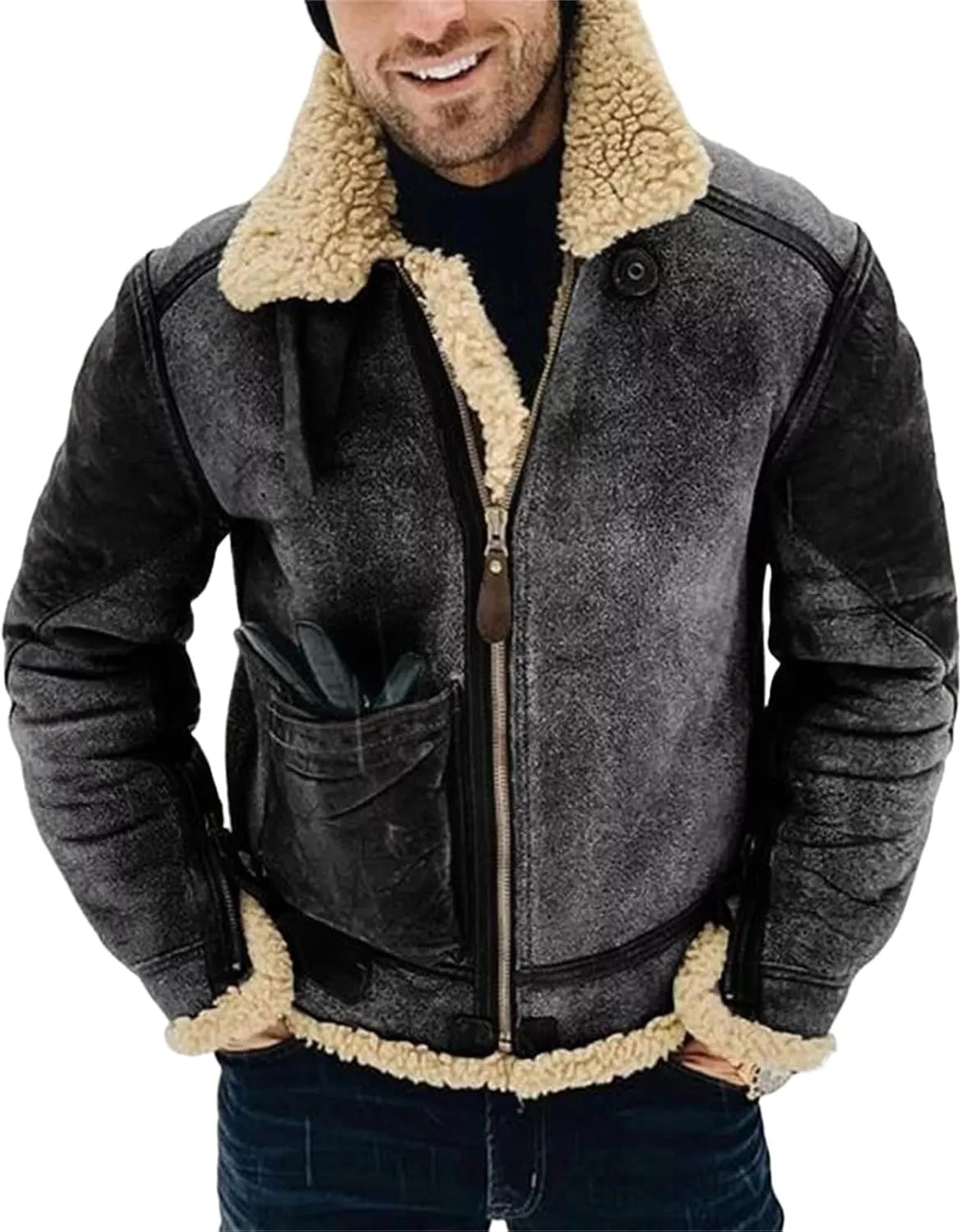 Mens Winter Warm Faux Suede Jackets Sherpa Lined Outerwear Full Zip Coats with Pockets Heavyweight Trench Coat
