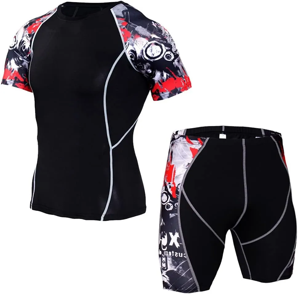 Men's Workout Set Compression Shirt & Shorts Top Shorts Sleeve Sports Base Layer Suit Quick Dry & Moisture-Wicking
